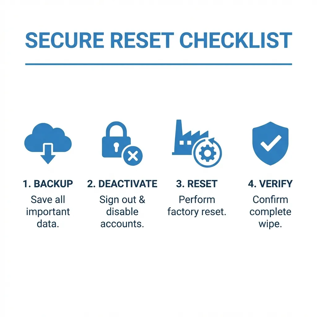 Compact checklist for secure console reset: Backup, Deactivate Account, Factory Reset, Verify Welcome Screen