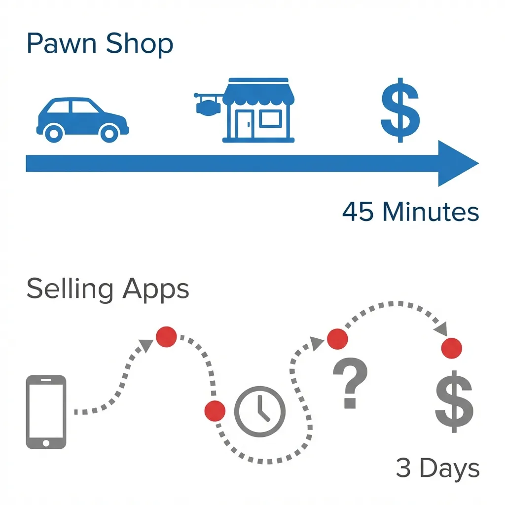 Timeline infographic comparing the 45-minute pawn process versus the 3-day selling app process