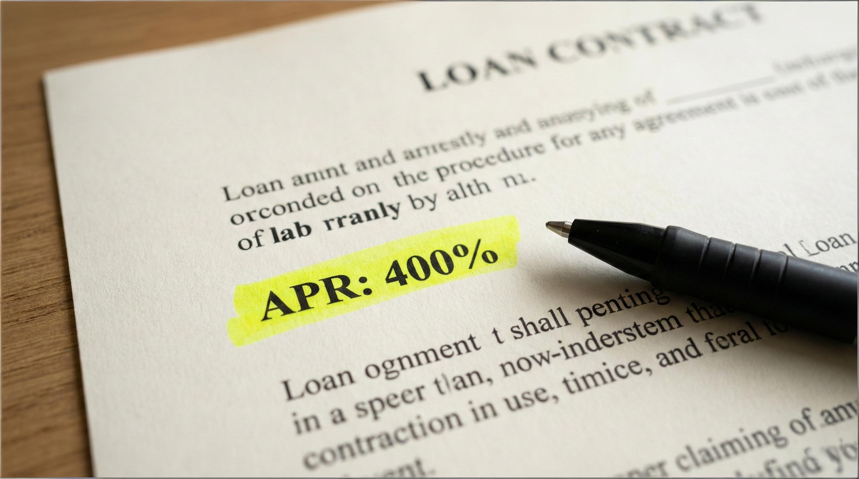 Close-up of a loan contract highlighting a predatory 400% APR interest rate