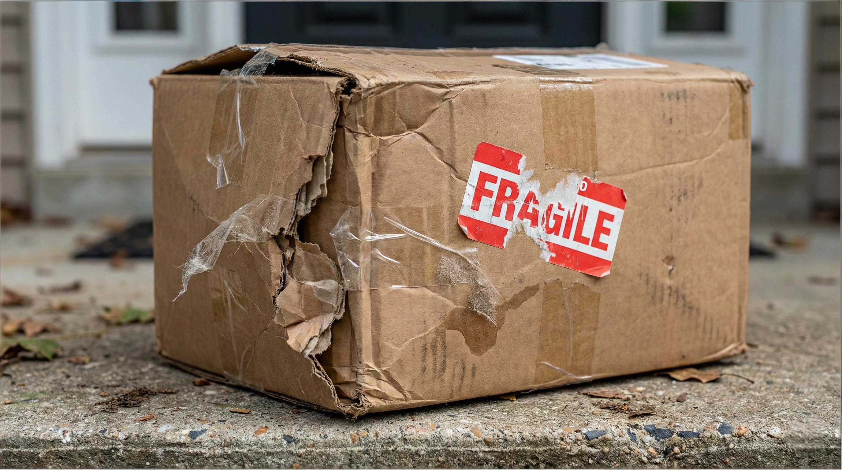 Damaged shipping box with peeling tape illustrating the risk of mail-in buyback services